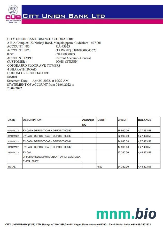Wyciąg bankowy Citibank w Indiach, 6 stron, 5-6 scr
